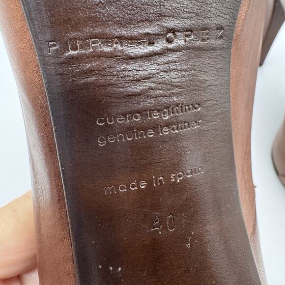 Pura Lopez Womens Leather Buckle Heel Shoes Size US 9 Brown Open Toe Y2K Office - Picture 8 of 11